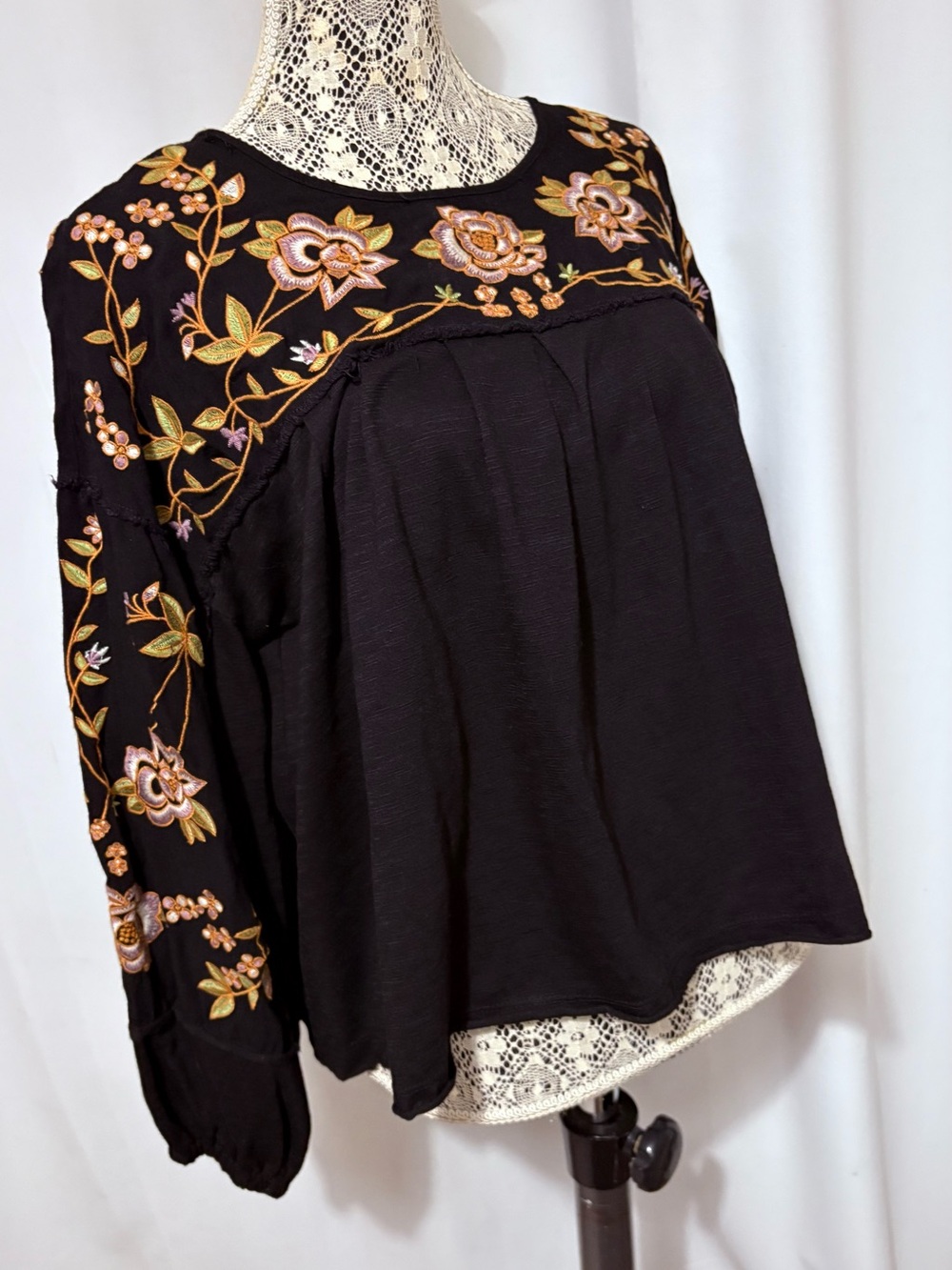 In Bloom Black Embroidered Floral Yoke Tunic